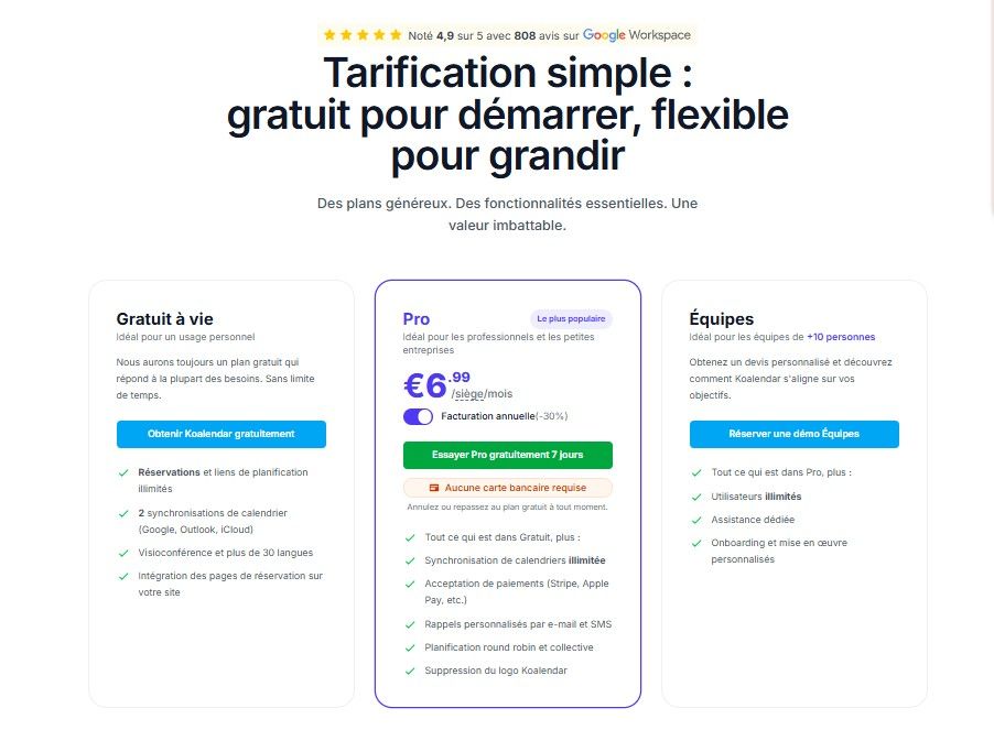 tarifs du logiciel de planification Koalendar